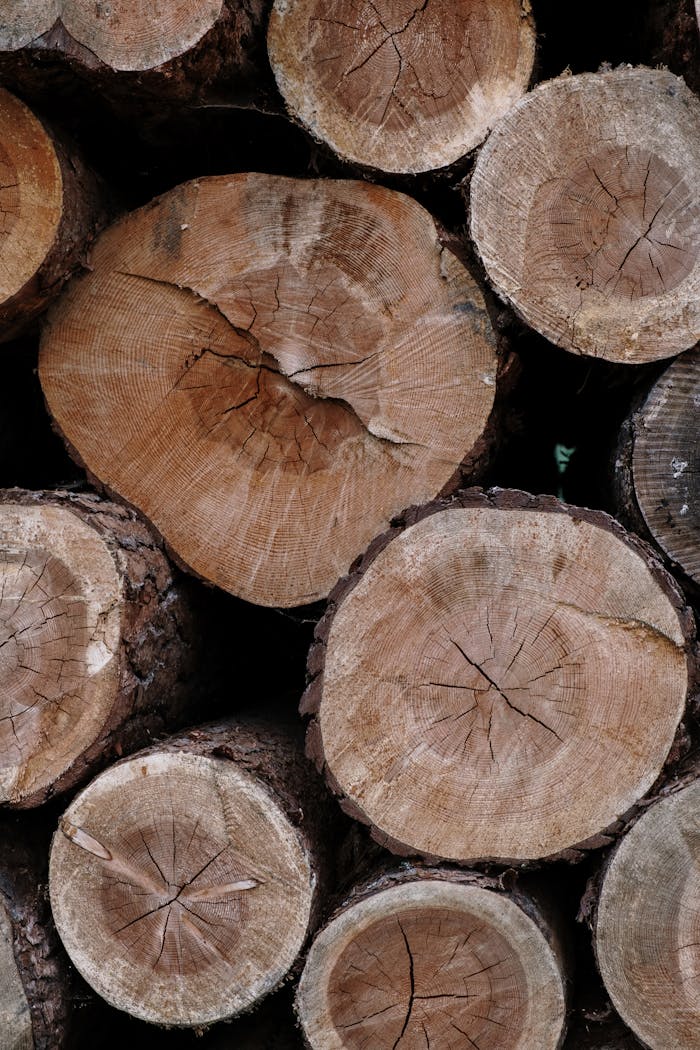 Detailed view of stacked wooden logs showing natural textures and patterns.